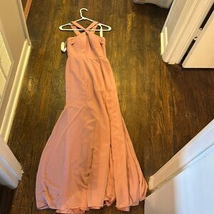 Bridesmaid long fitted with slit dress